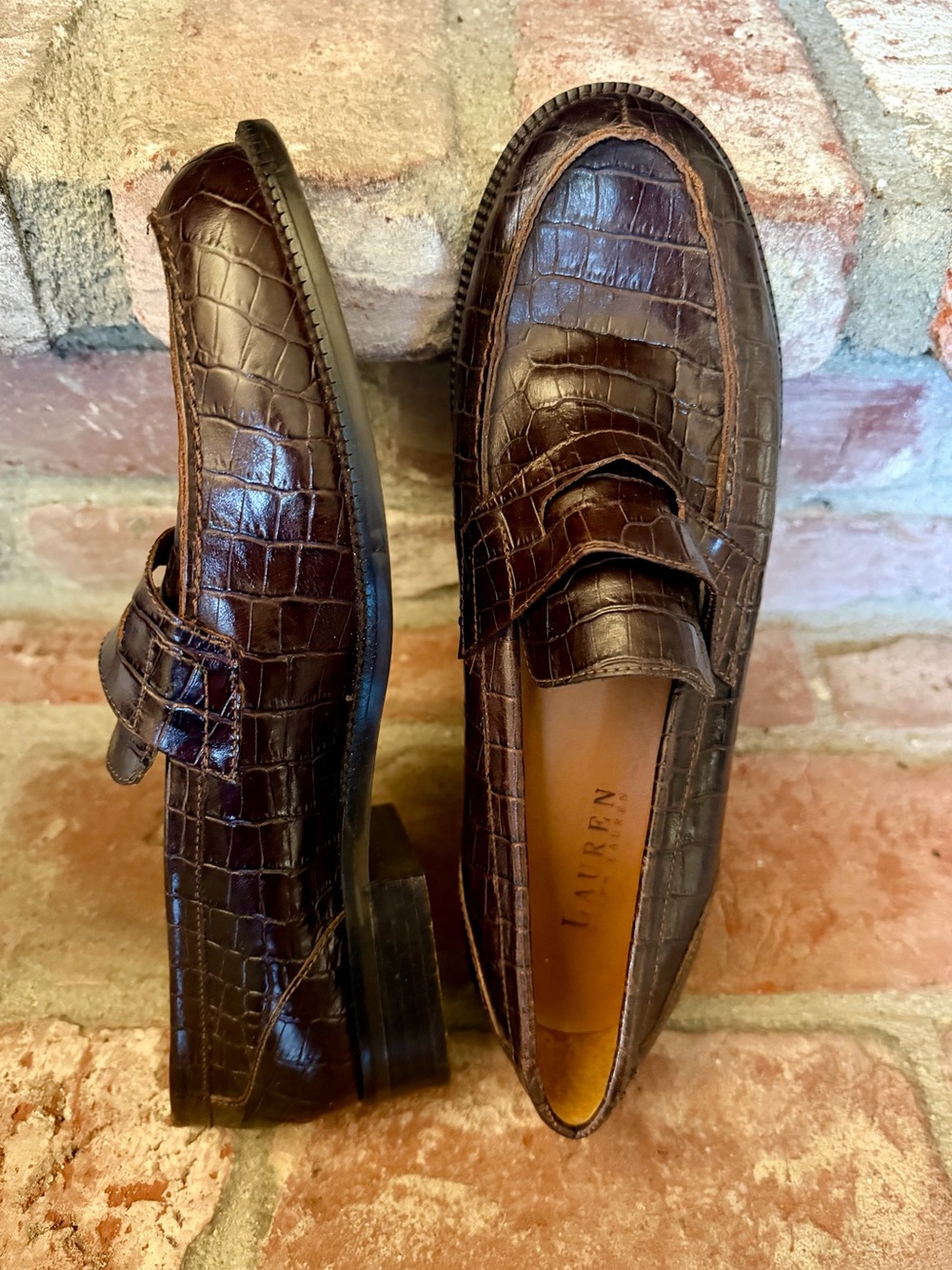 Women’s Vintage Ralph Lauren Croc Embossed Leather Loafers Brown - Never Worn